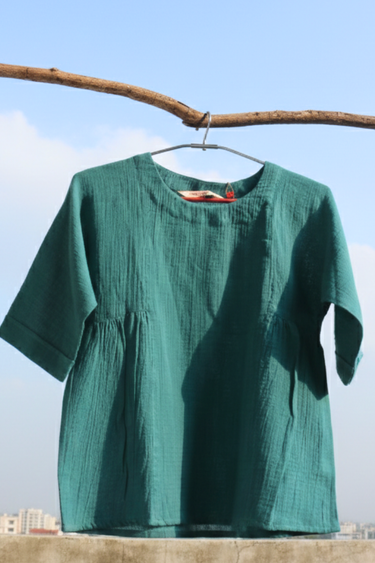 Dark Teal Dyed Cotton Double Cloth Women Short Top Long Sleeves WSTLS252C7