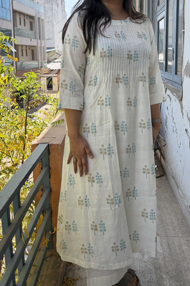 Beige Blue Sanganeri Cotton Dobby Women Long Kurta