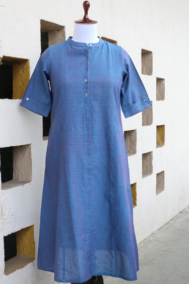 Blue Checks South Cotton Women Long Kurta Long Sleeves WLKLS062430