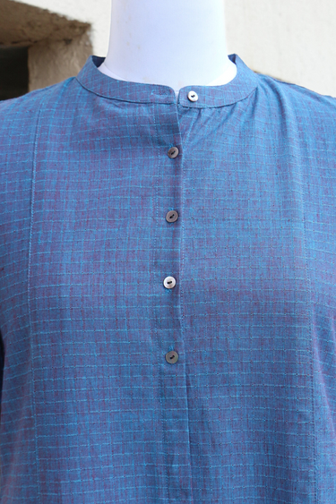 Blue Checks South Cotton Women Long Kurta Long Sleeves WLKLS062430