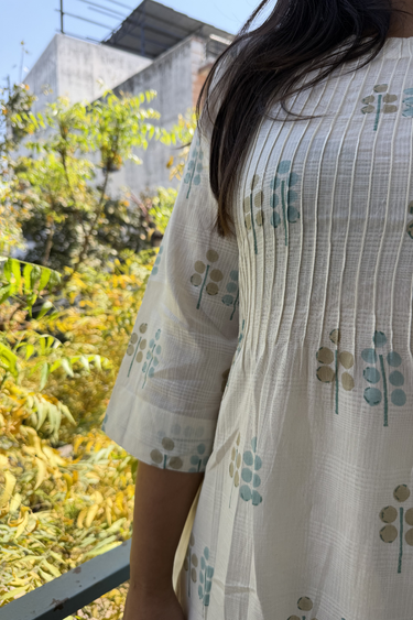 Beige Blue Sanganeri Cotton Dobby Women Long Kurta