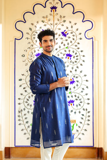 Royal Blue Jaquard Buta Banarasi Silk Men Long Kurta Full Sleeves MLKFS252C44