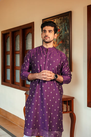 Dark Purple Jaquard Banarasi Silk Men Long Kurta Full Sleeves MLKFS252C54