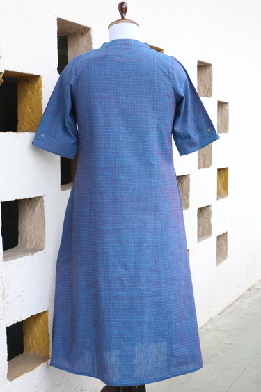 Blue Checks South Cotton Women Long Kurta Long Sleeves WLKLS062430