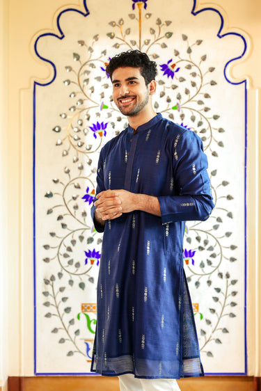 Royal Blue Jaquard Buta Banarasi Silk Men Long Kurta Full Sleeves MLKFS252C44