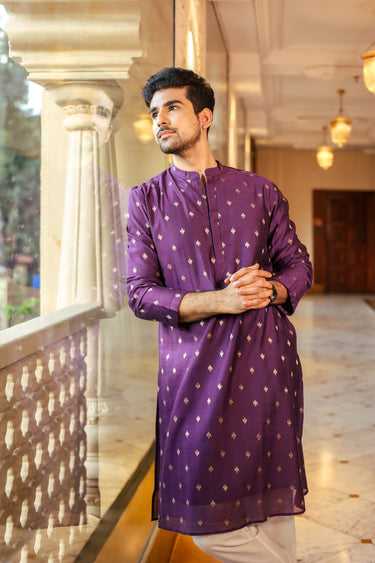 Dark Purple Jaquard Banarasi Silk Men Long Kurta Full Sleeves MLKFS252C54