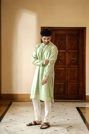 Pastel Green Mukaish Work Silk Viscose Slub Men Long Kurta MLKFS252C43