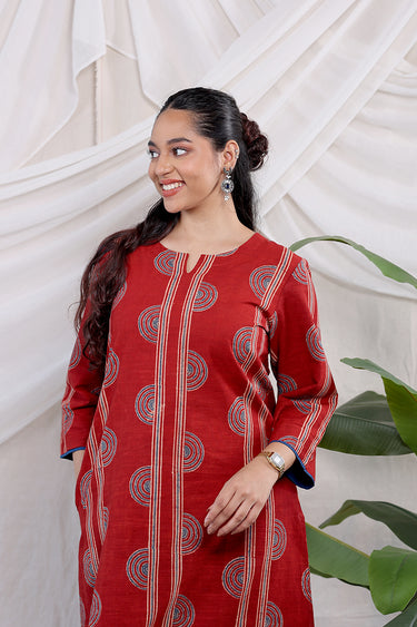 Rust Ajrakh Cotton Slub Women Long Kurta
