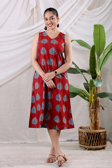 Rust Ajrakh Cotton Women Midi Dress