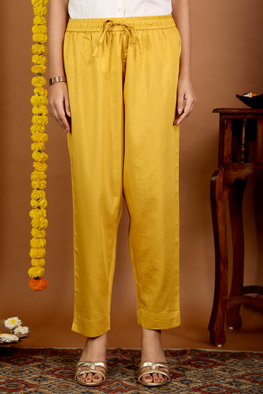 Antique Mustard Dyed Cotton Satin Women Ankle Pant