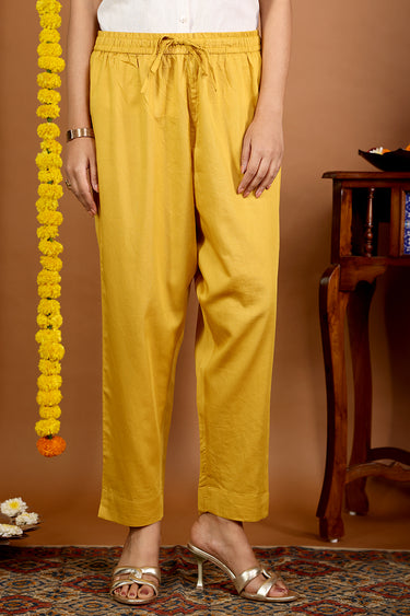Antique Mustard Dyed Cotton Satin Women Ankle Pant