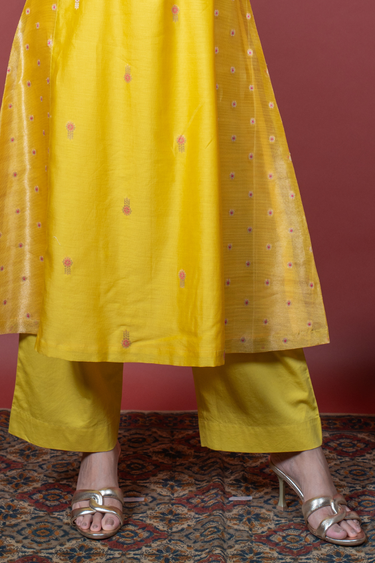 Antique Mustard Dyed Cotton Satin Women Flared Pant