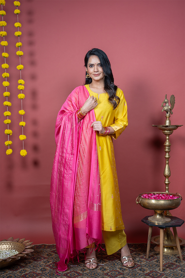 Antique Mustard Jaquard Banarasi Silk Women Long Kurta