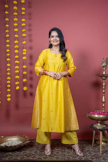 Antique Mustard Jaquard Banarasi Silk Women Long Kurta