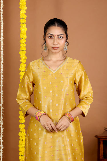 Antique Mustard Jaquard Stripes Banarasi Silk Women Long Kurta