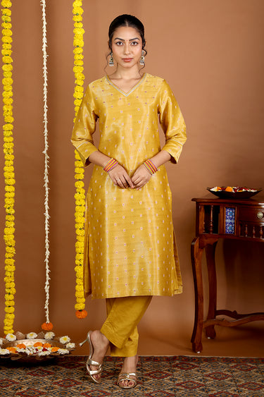 Antique Mustard Jaquard Stripes Banarasi Silk Women Long Kurta