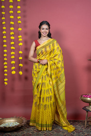 Antique Mustard Sanganeri Rib Chanderi Silk Saree