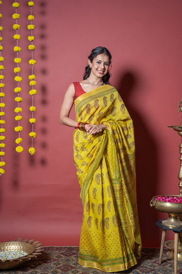 Antique Mustard Sanganeri Rib Chanderi Silk Saree