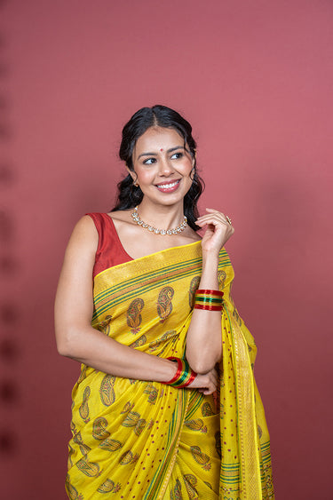 Antique Mustard Sanganeri Rib Chanderi Silk Saree