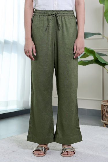 Army Green Dyed Rayon Flax Women Wide Leg Pant
