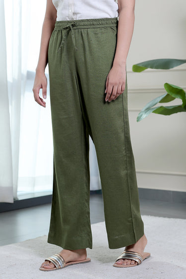 Army Green Dyed Rayon Flax Women Wide Leg Pant