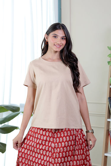 Beige Dyed Cotton Flax Women Short Top