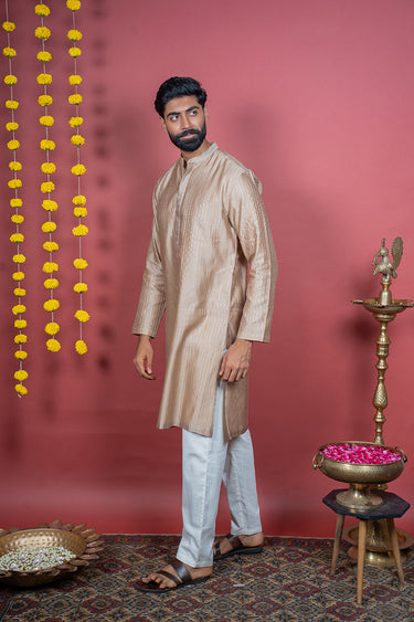 Beige Gold Jaquard Banarasi Silk Men Long Kurta