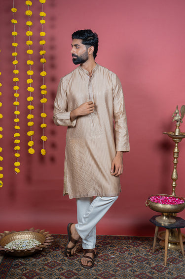 Beige Gold Jaquard Banarasi Silk Men Long Kurta