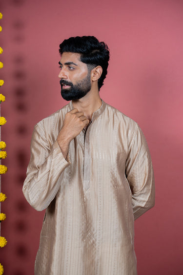 Beige Gold Jaquard Banarasi Silk Men Long Kurta
