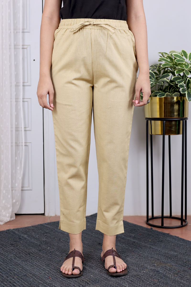 Beige Hand Dyed Cotton Flax Women Ankle Pant WAKPT04244