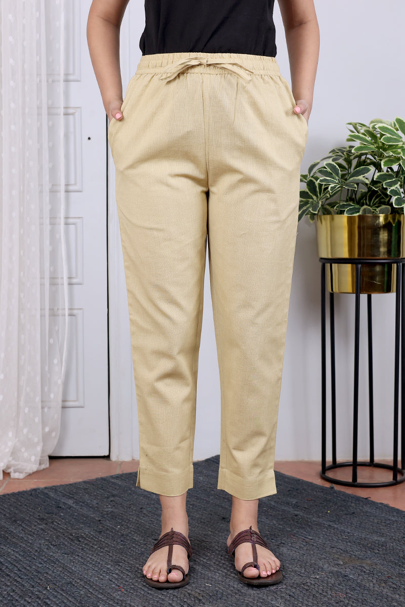 Beige Hand Dyed Cotton Flax Women Ankle Pant WAKPT12231