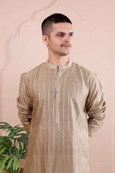 Beige Jaquard Chanderi Silk Men Long Kurta Full Sleeves MLKFS052419