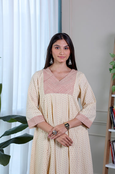 Beige Sanganeri Cotton Dobby Women Ankle Kurta