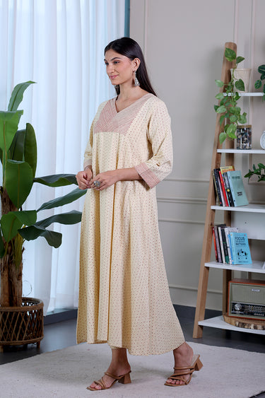 Beige Sanganeri Cotton Dobby Women Ankle Kurta