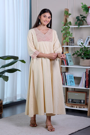 Beige Sanganeri Cotton Dobby Women Ankle Pant