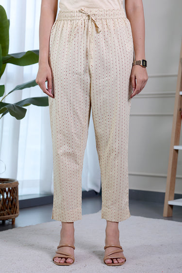 Beige Sanganeri Cotton Dobby Women Ankle Pant