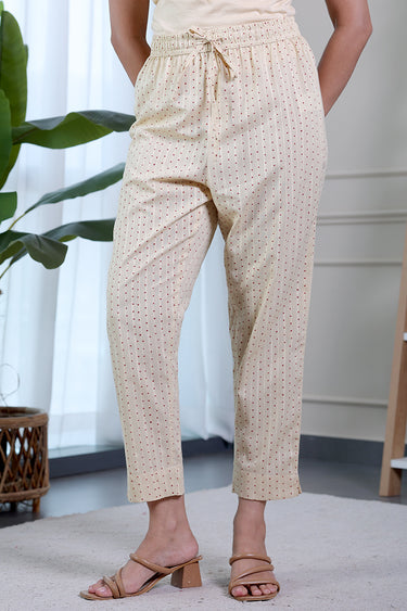 Beige Sanganeri Cotton Dobby Women Ankle Pant