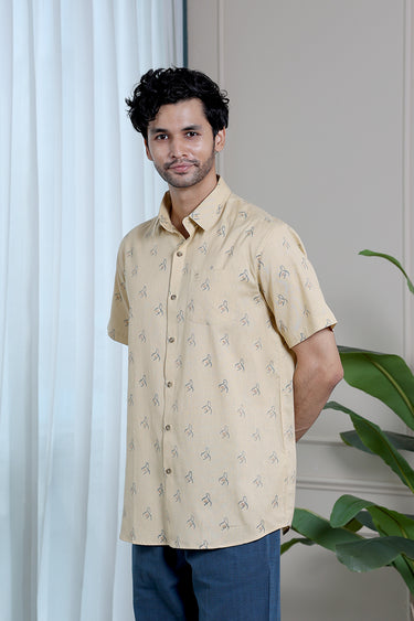 Beige Sanganeri Cotton Flax Men Shirt