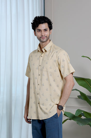 Beige Sanganeri Cotton Flax Men Shirt