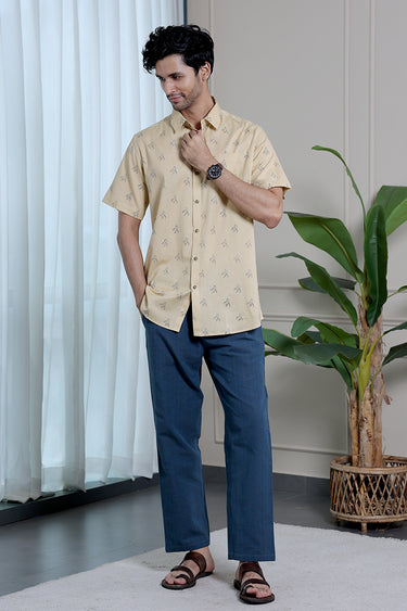 Beige Sanganeri Cotton Flax Men Shirt