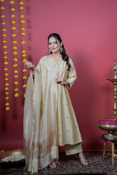 Beige Zari Stripes Chanderi Silk Dupatta