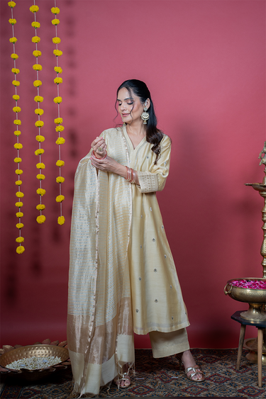 Beige Zari Stripes Chanderi Silk Dupatta