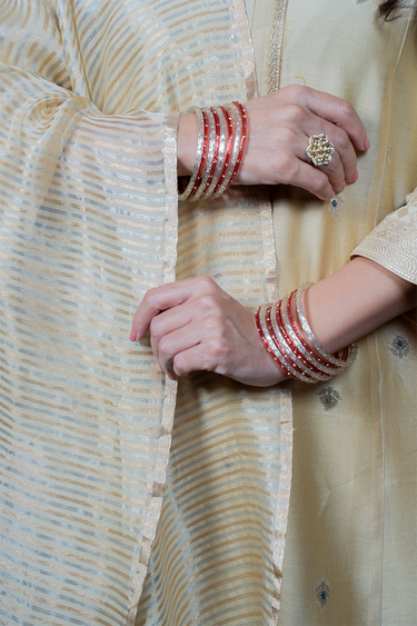 Beige Zari Stripes Chanderi Silk Dupatta