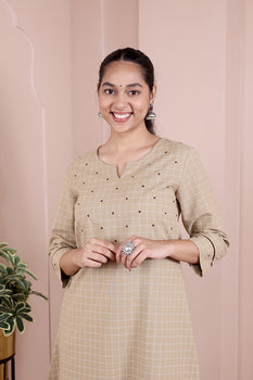 Checks South Cotton Women Long Kurta Long Sleeves WLKLS251C112.