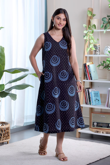Black Ajrakh Cotton Women Midi Dress Sleeveless