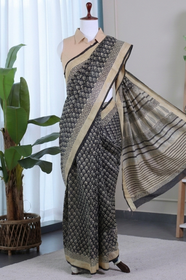 Black Bagru Chanderi Silk Saree