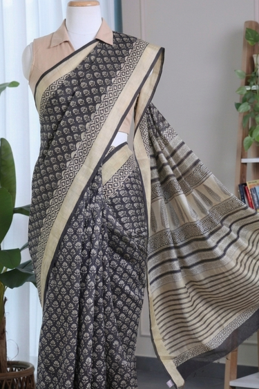 Black Bagru Chanderi Silk Saree