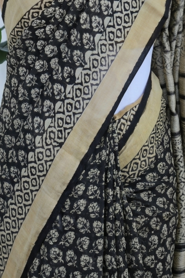 Black Bagru Chanderi Silk Saree