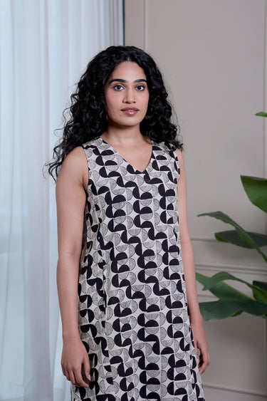 Black Bagru Cotton Women Midi Dress