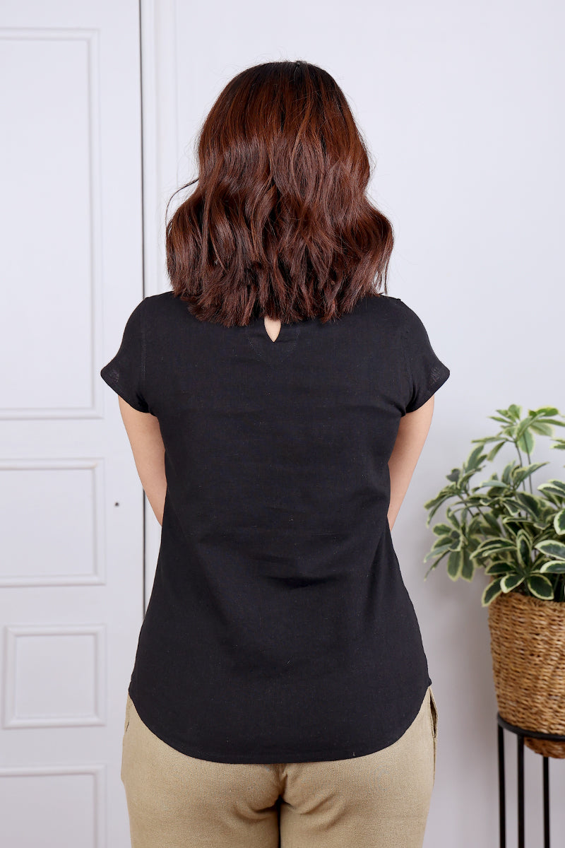 Black Hand Dyed Cotton Linen Women Short Top Short Sleeves WSTSL052429